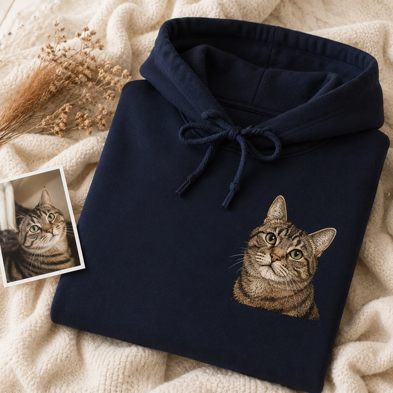 Sweatshirt with custom cat portrait embroidery for personalized cat mom gift