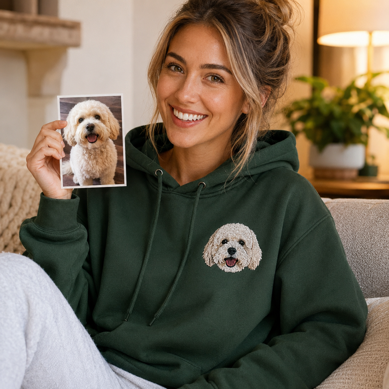 Sweatshirt with custom cat portrait embroidery for personalized cat mom gift