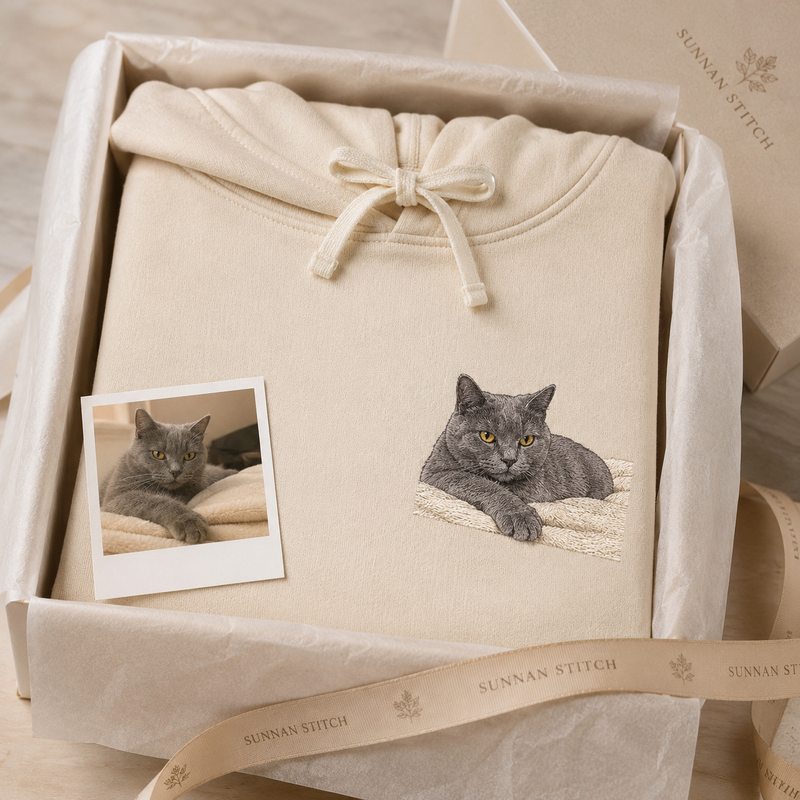 Hoodie with pet memorial portrait embroidery for a meaningful keepsake gift