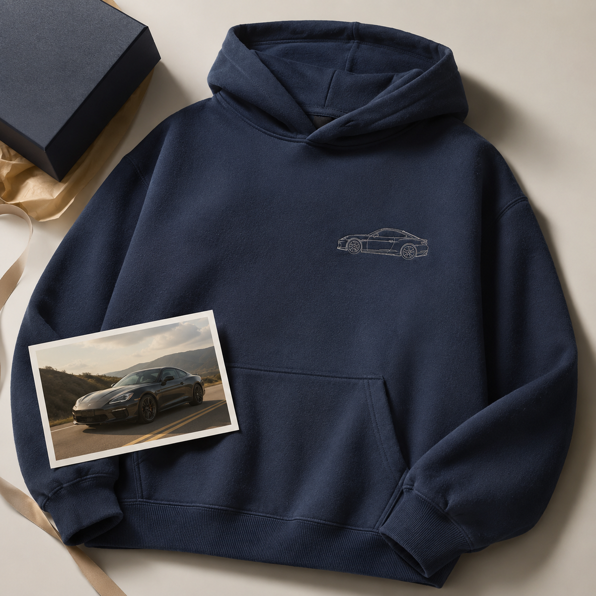 Hoodie with custom vehicle photo embroidery for personalized dad gift