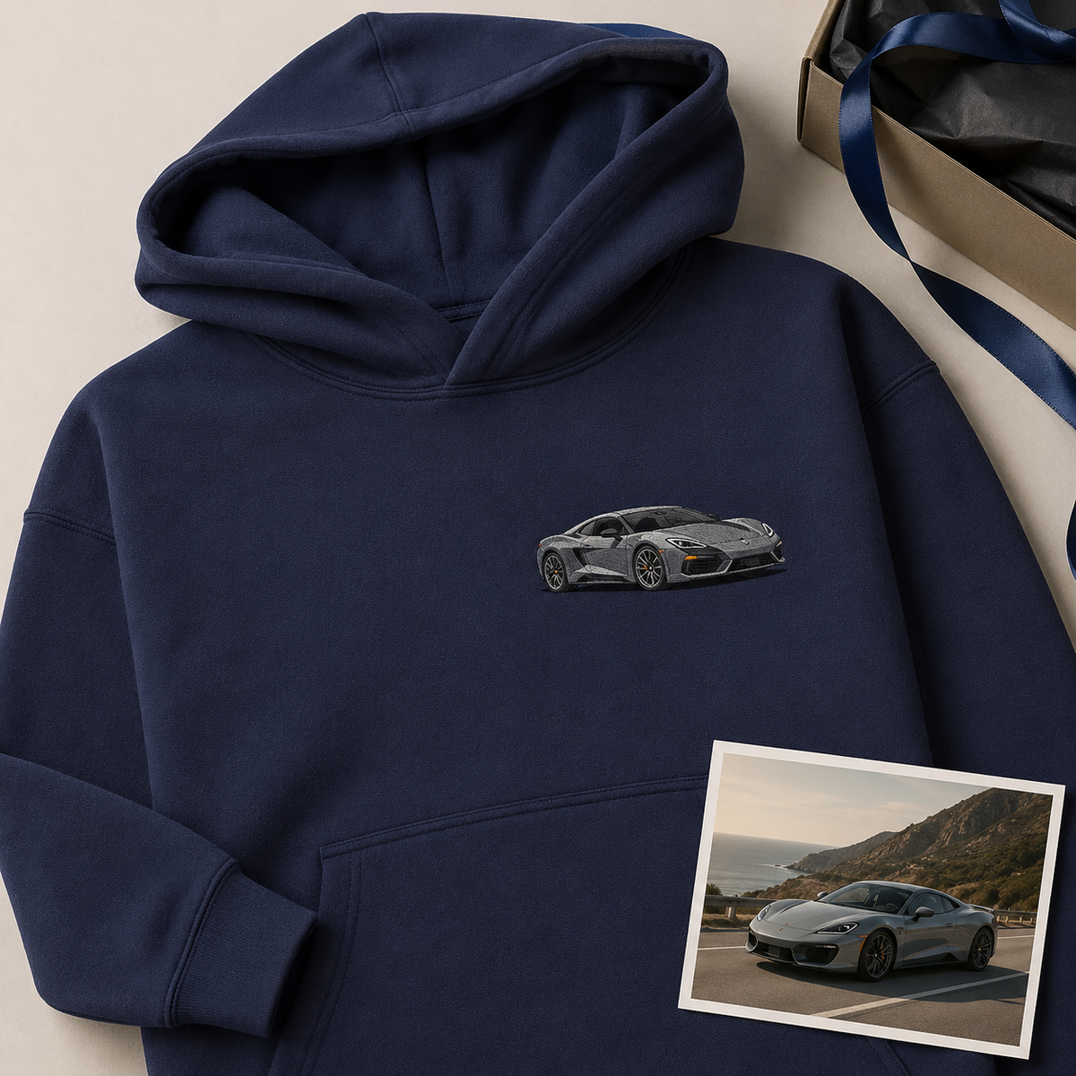 Hoodie with custom vehicle photo embroidery for personalized dad gift