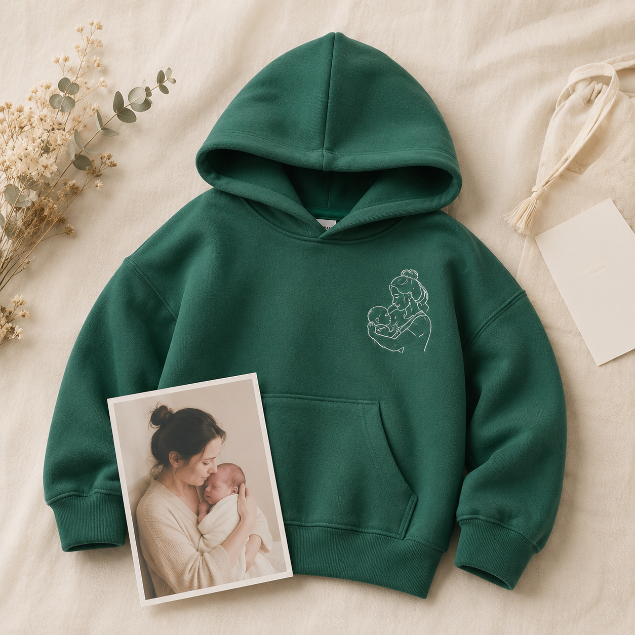 Hoodie with parent and baby photo outline embroidery for family keepsake