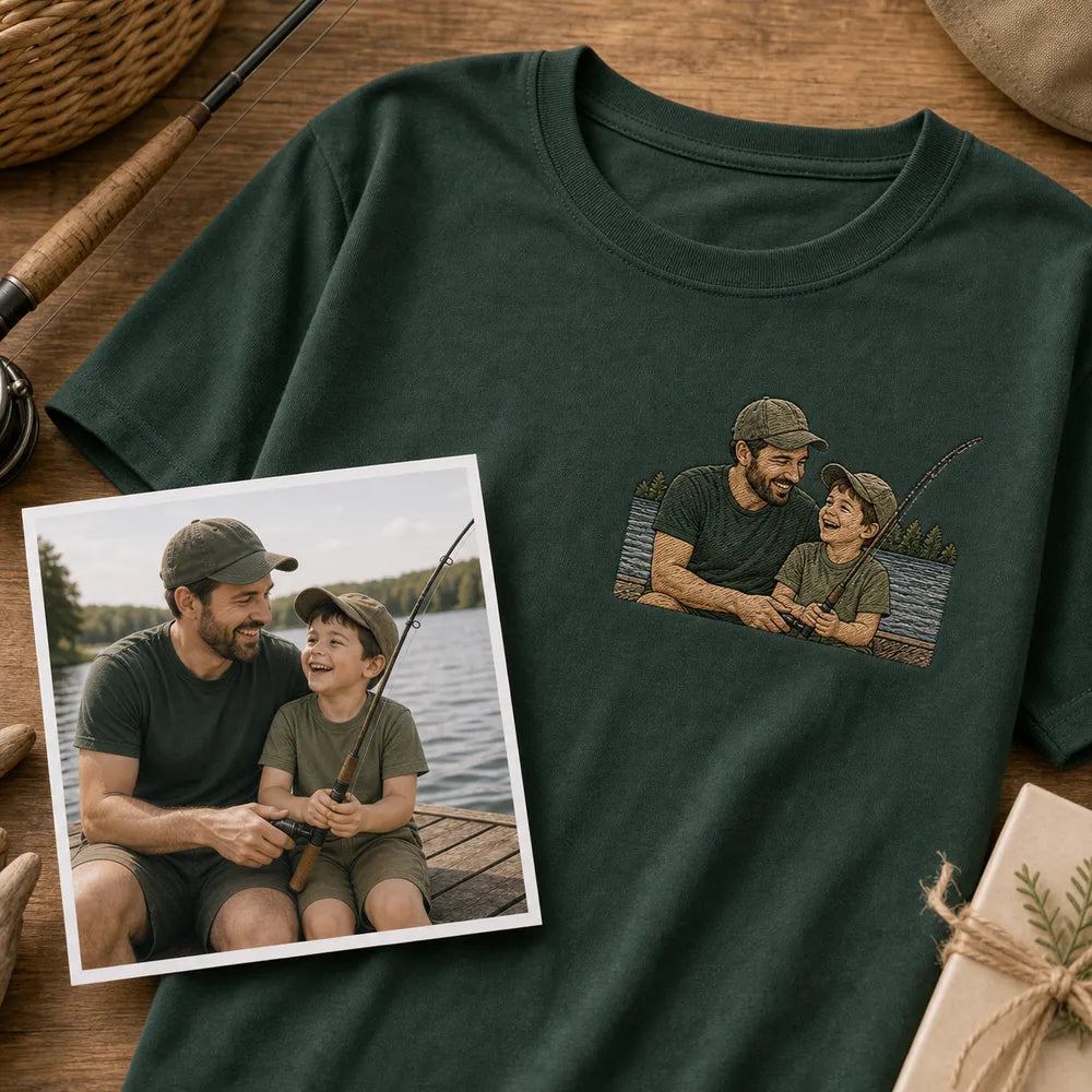 Custom fishing dad embroidered hoodie with left chest cartoon portrait embroidery
