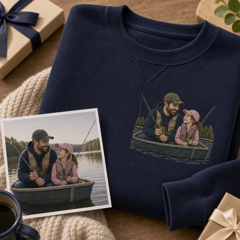 Custom fishing dad embroidered hoodie with left chest cartoon portrait embroidery