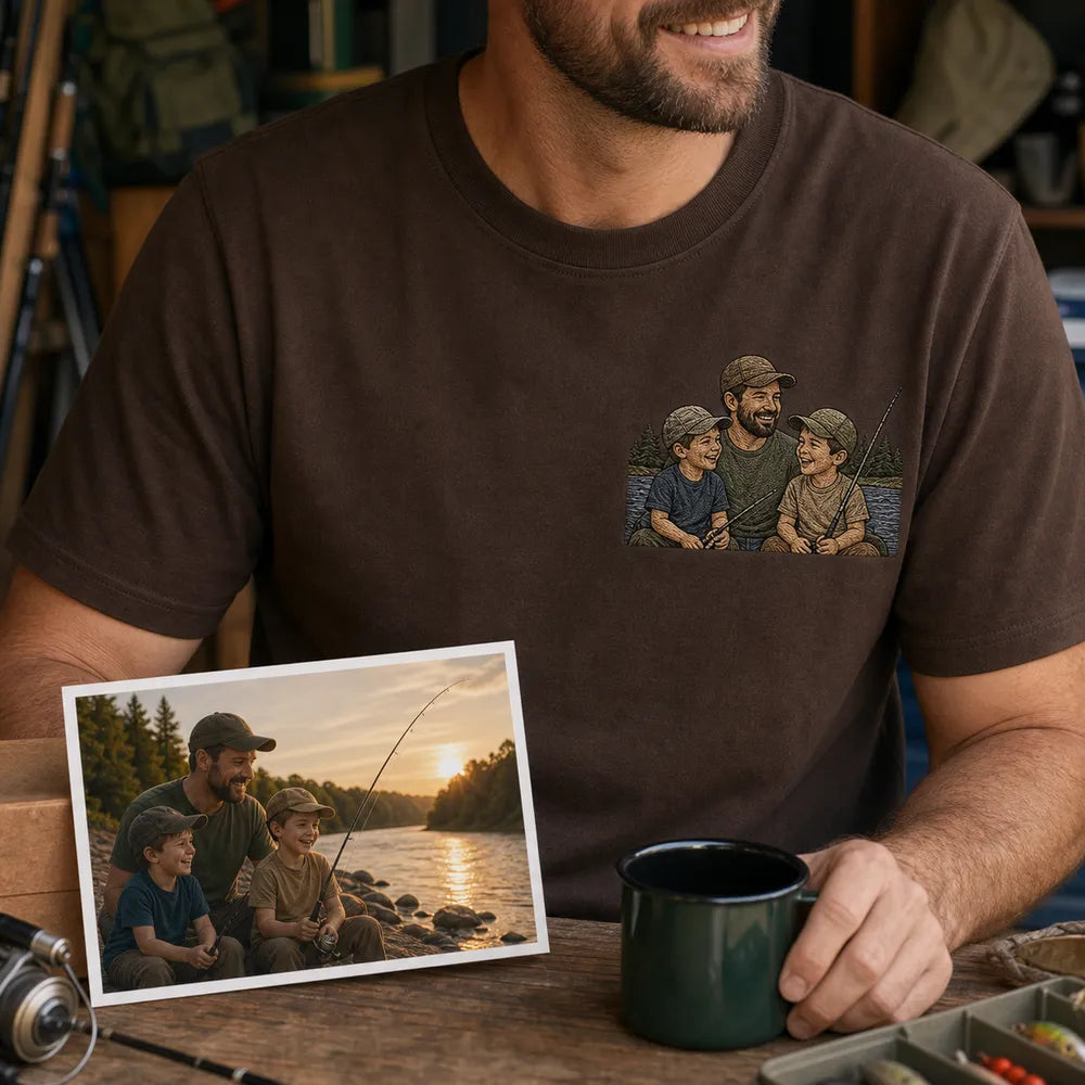 Custom fishing dad embroidered hoodie with left chest cartoon portrait embroidery