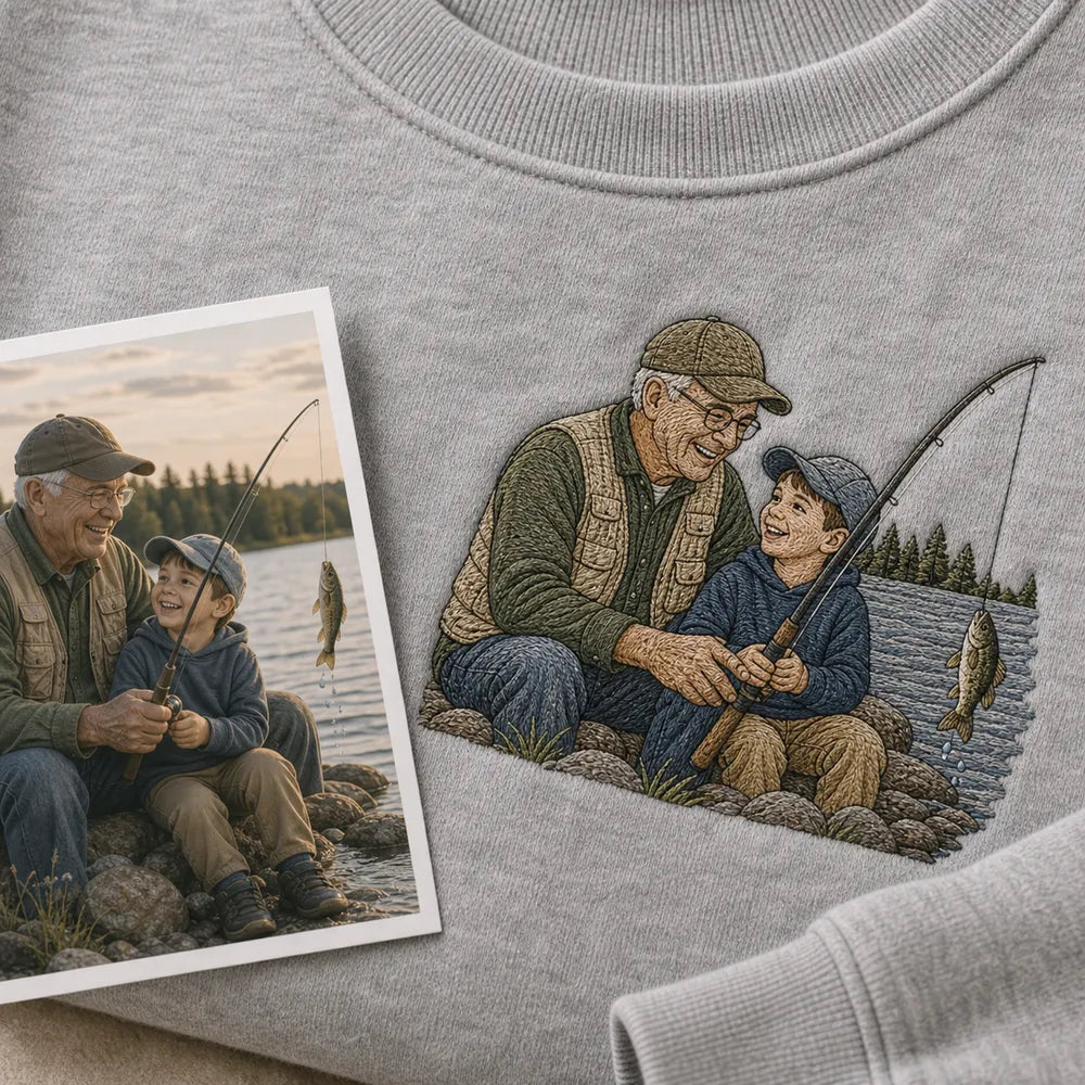 Custom fishing dad embroidered hoodie with left chest cartoon portrait embroidery