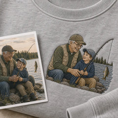 Custom fishing dad embroidered hoodie with left chest cartoon portrait embroidery