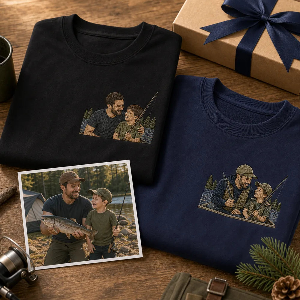 Custom fishing dad embroidered hoodie with left chest cartoon portrait embroidery