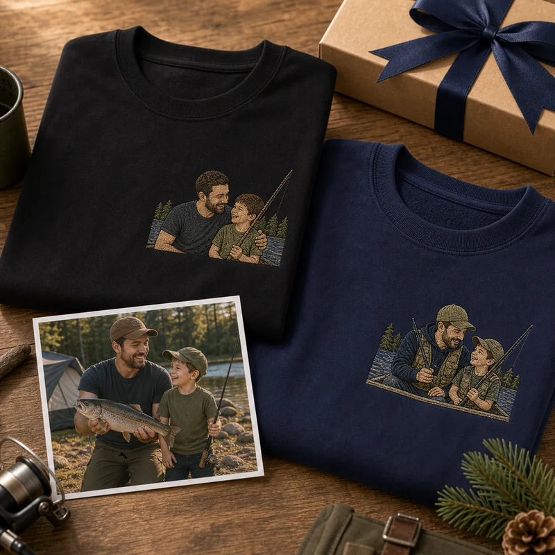 Custom fishing dad embroidered hoodie with left chest cartoon portrait embroidery