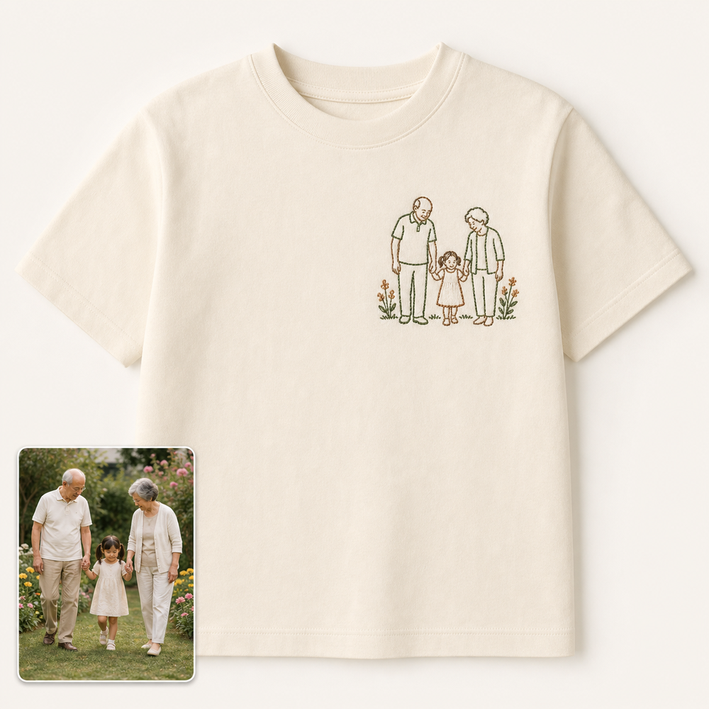 Custom grandparents garden photo embroidered T-shirt main image with source garden photo card