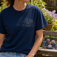 Custom grandparents garden photo embroidered T-shirt lifestyle image with left chest embroidery