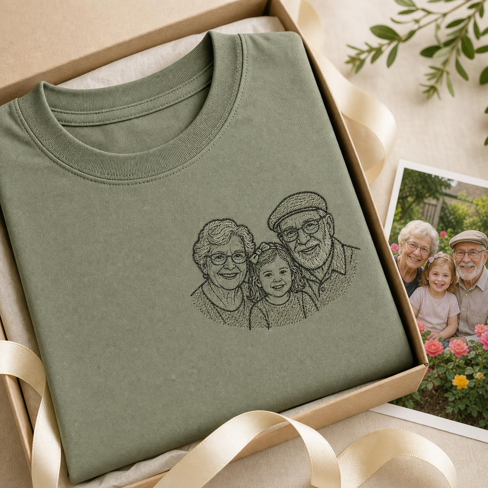 Custom grandparents garden photo embroidered T-shirt gift detail with left chest embroidery