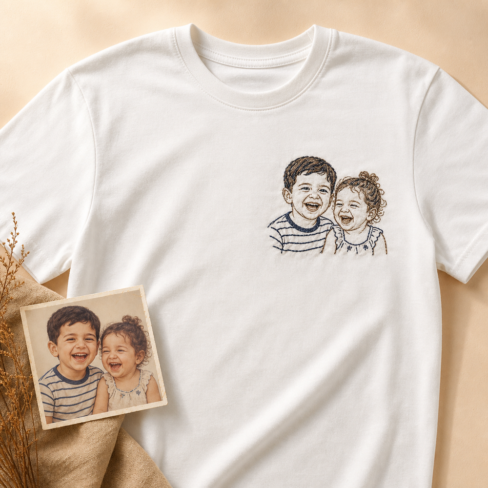 Custom sibling childhood photo embroidered T-shirt main image with source childhood photo card