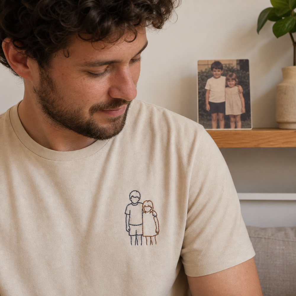 Custom sibling childhood photo embroidered T-shirt lifestyle image with left chest embroidery