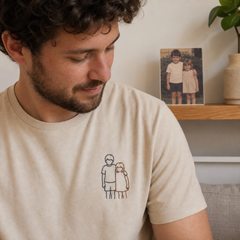 Custom sibling childhood photo embroidered T-shirt lifestyle image with left chest embroidery