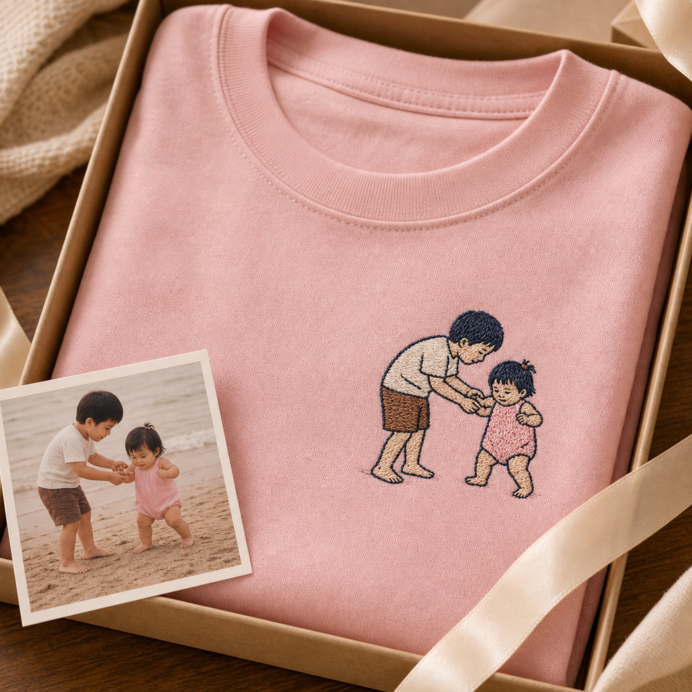 Custom sibling childhood photo embroidered T-shirt gift detail image