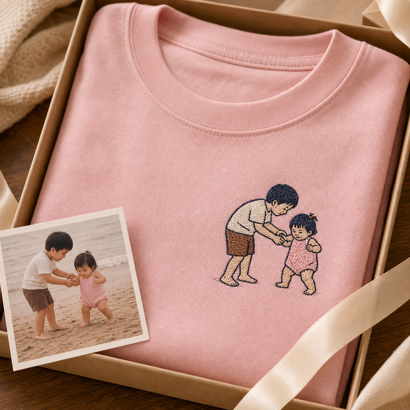 Custom sibling childhood photo embroidered T-shirt gift detail image