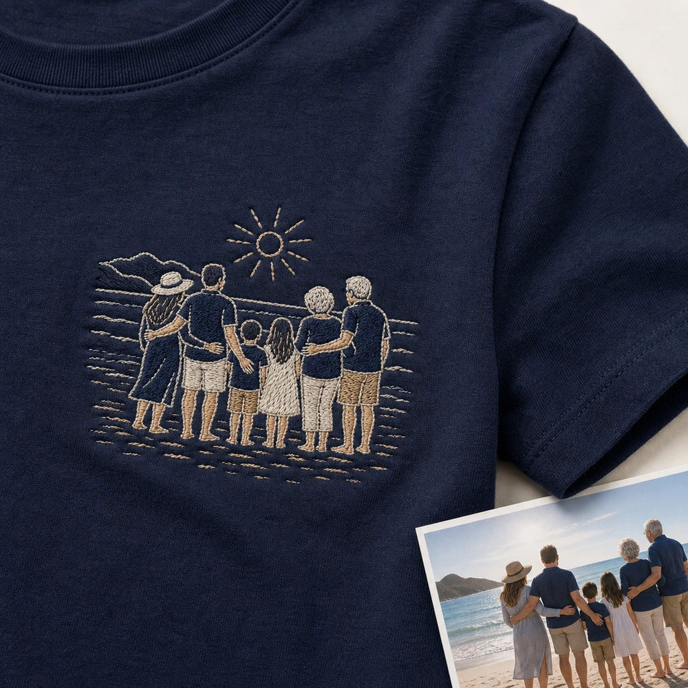 Custom family beach vacation embroidery detail on T-shirt