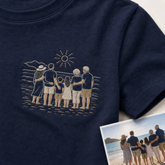 Custom family beach vacation embroidery detail on T-shirt