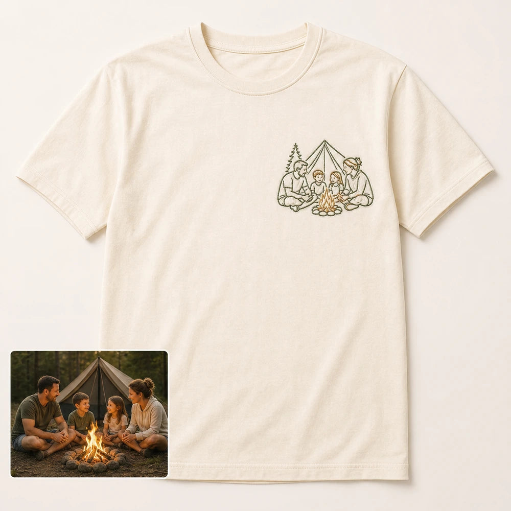 Custom family camping photo outline embroidered T-shirt main product view
