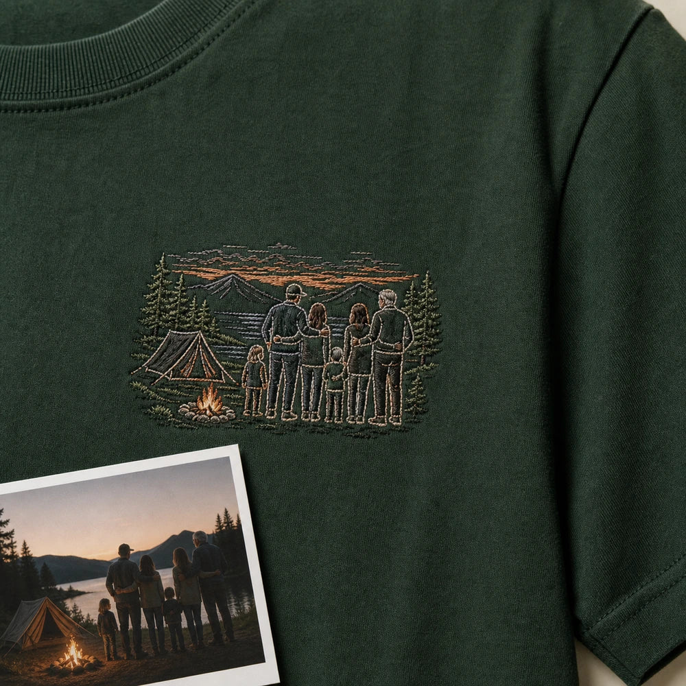 Custom family camping photo embroidery detail