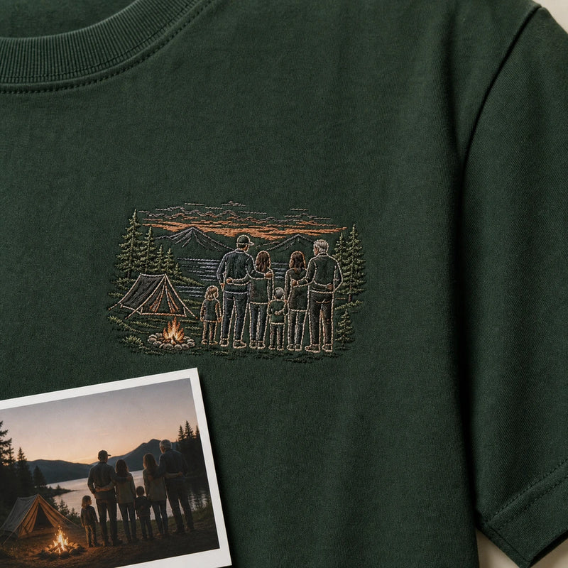 Custom family camping photo embroidery detail