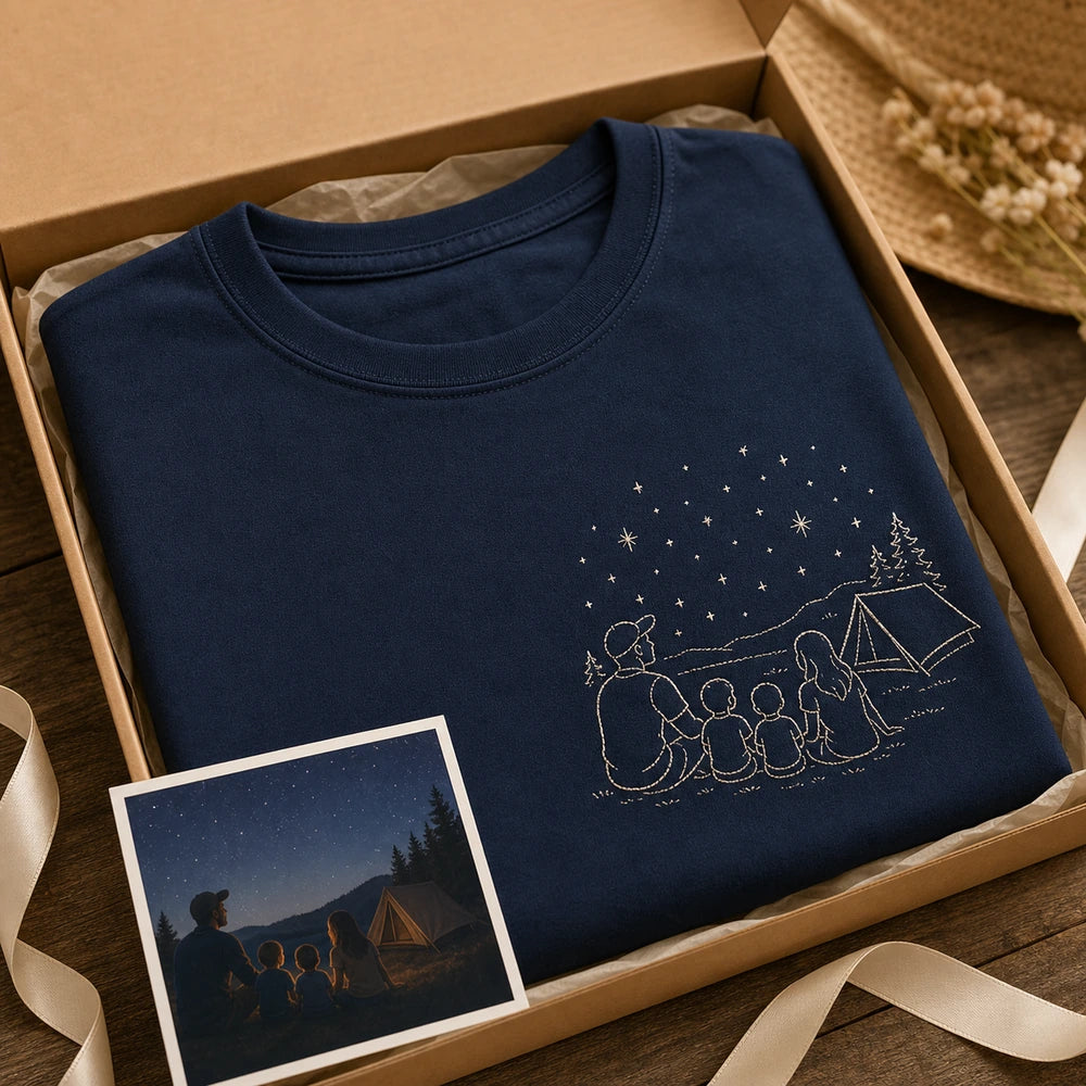 Custom family camping embroidered T-shirt gift-ready presentation