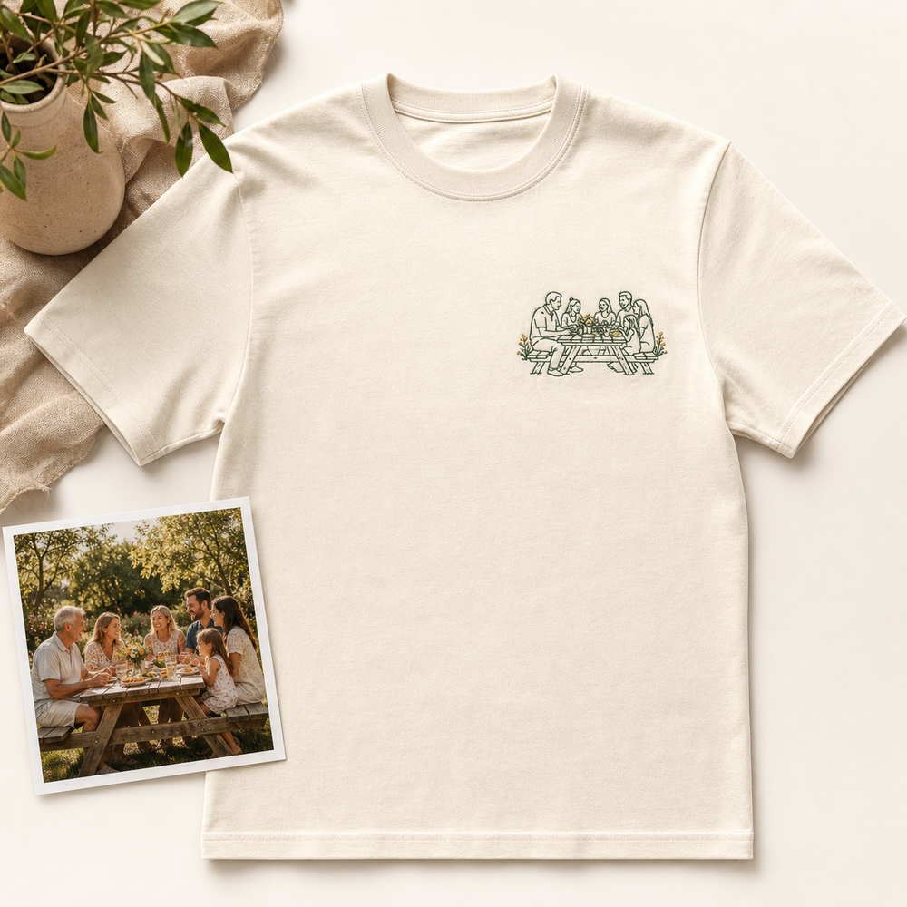 Custom Family Picnic Photo Outline Embroidered T-Shirt - Personalized Family Reunion Gift main product image with custom left chest embroidery