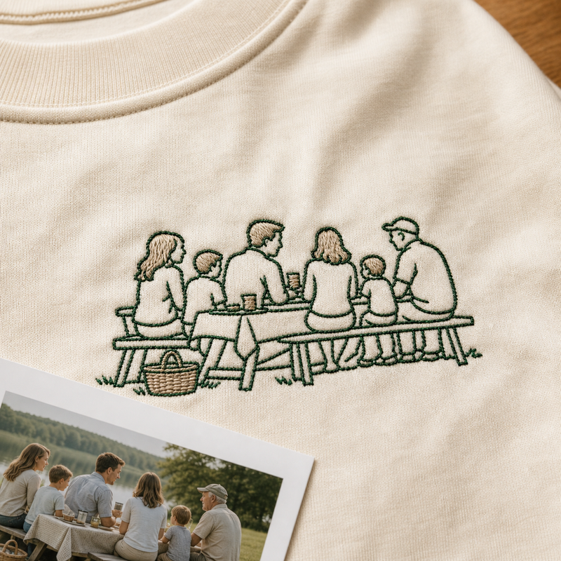 Custom Family Picnic Photo Outline Embroidered T-Shirt - Personalized Family Reunion Gift embroidery detail image with custom left chest embroidery