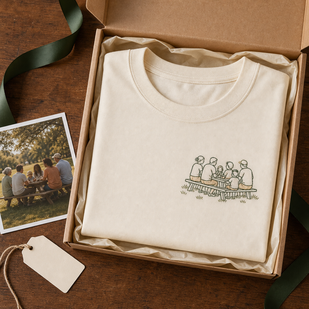 Custom Family Picnic Photo Outline Embroidered T-Shirt - Personalized Family Reunion Gift gift display image with custom left chest embroidery