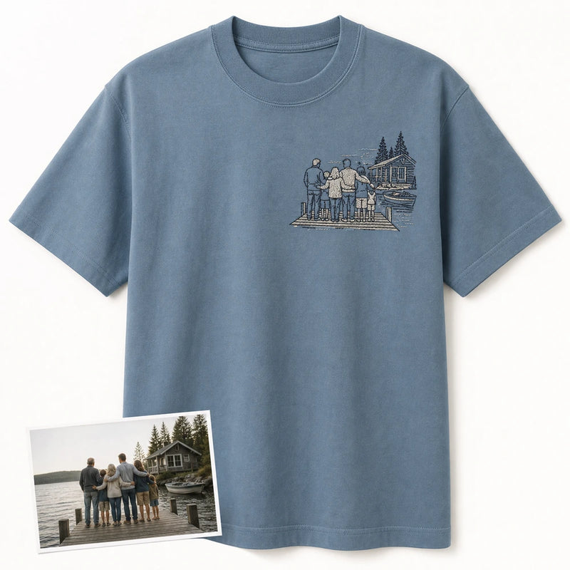 Custom Family Lake House Photo Outline Embroidered T-Shirt - Personalized Family Vacation Gift main product image with custom left chest embroidery based on family lake house weekend photo