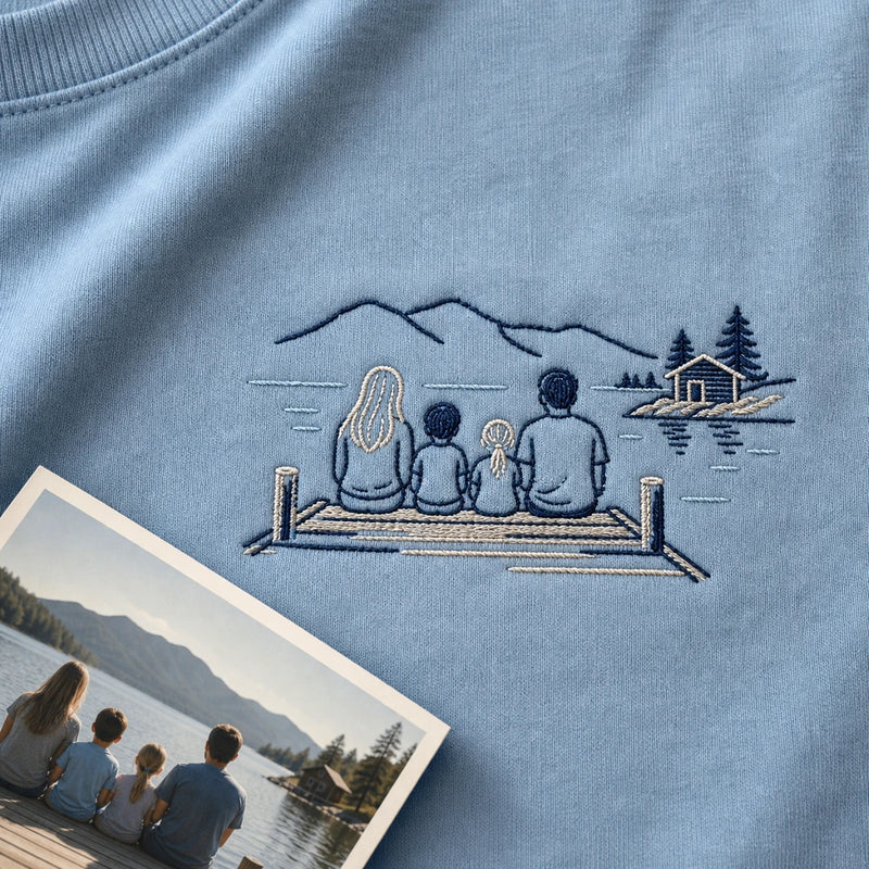 Custom Family Lake House Photo Outline Embroidered T-Shirt - Personalized Family Vacation Gift embroidery detail image with custom left chest embroidery based on family lake house weekend photo