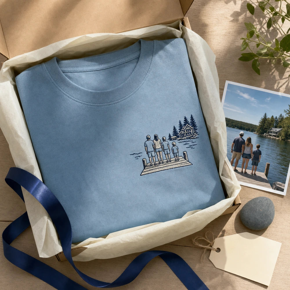 Custom Family Lake House Photo Outline Embroidered T-Shirt - Personalized Family Vacation Gift gift display image with custom left chest embroidery based on family lake house weekend photo