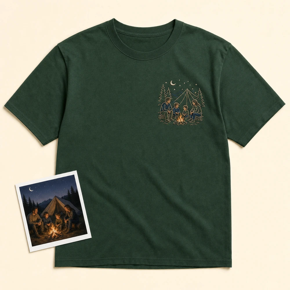 Custom Family Camping Photo Outline Embroidered T-Shirt - Personalized Camping Gift main product image with custom left chest embroidery based on family camping night photo