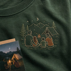 Custom Family Camping Photo Outline Embroidered T-Shirt - Personalized Camping Gift embroidery detail image with custom left chest embroidery based on family camping night photo