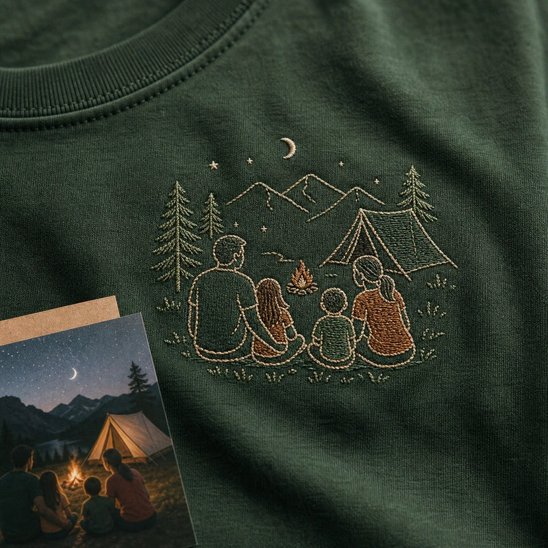 Custom Family Camping Photo Outline Embroidered T-Shirt - Personalized Camping Gift embroidery detail image with custom left chest embroidery based on family camping night photo
