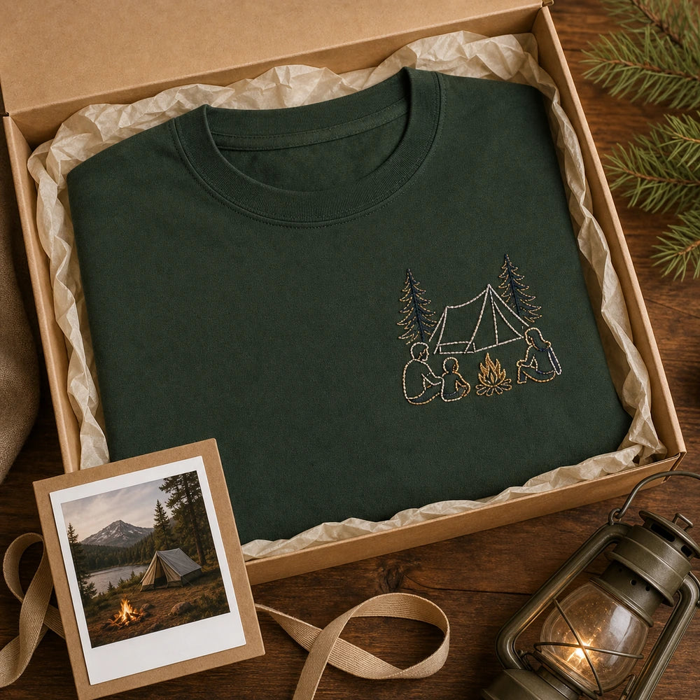 Custom Family Camping Photo Outline Embroidered T-Shirt - Personalized Camping Gift gift display image with custom left chest embroidery based on family camping night photo