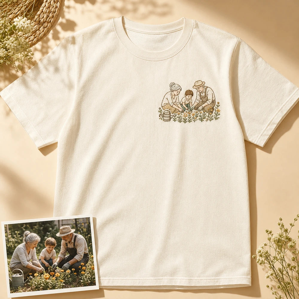 Custom Grandparents Garden Photo Embroidered T-Shirt - Personalized Grandparent Gift main product image with custom left chest embroidery based on grandparents and grandchild garden photo