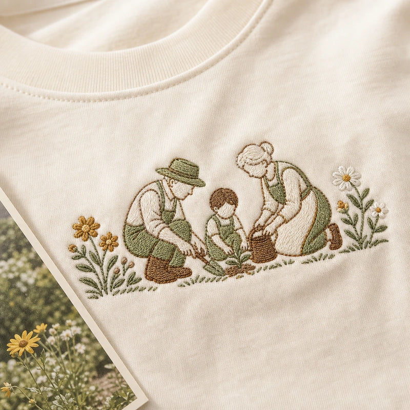 Custom Grandparents Garden Photo Embroidered T-Shirt - Personalized Grandparent Gift embroidery detail image with custom left chest embroidery based on grandparents and grandchild garden photo