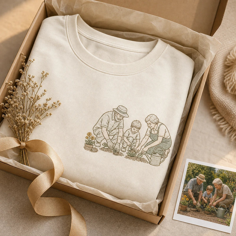Custom Grandparents Garden Photo Embroidered T-Shirt - Personalized Grandparent Gift gift display image with custom left chest embroidery based on grandparents and grandchild garden photo