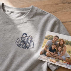 Custom family photo embroidered T-shirt showing source photo and matching left chest outline embroidery