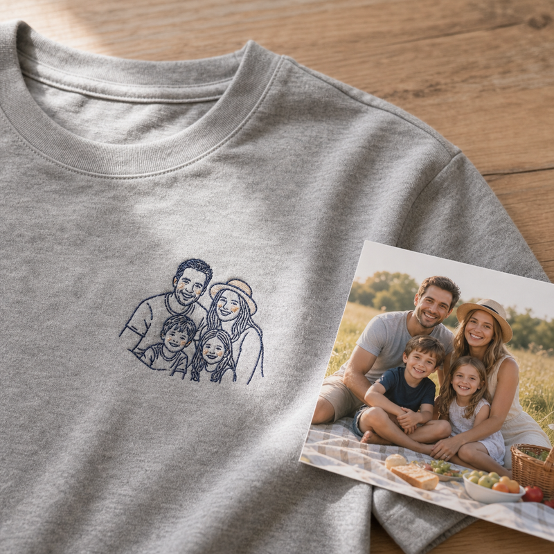 Custom family photo embroidered T-shirt showing source photo and matching left chest outline embroidery