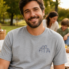 Custom family photo embroidered T-shirt worn from the front with left chest outline embroidery