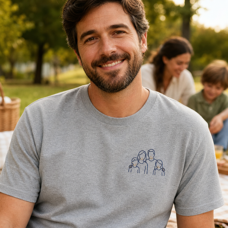 Custom family photo embroidered T-shirt worn from the front with left chest outline embroidery