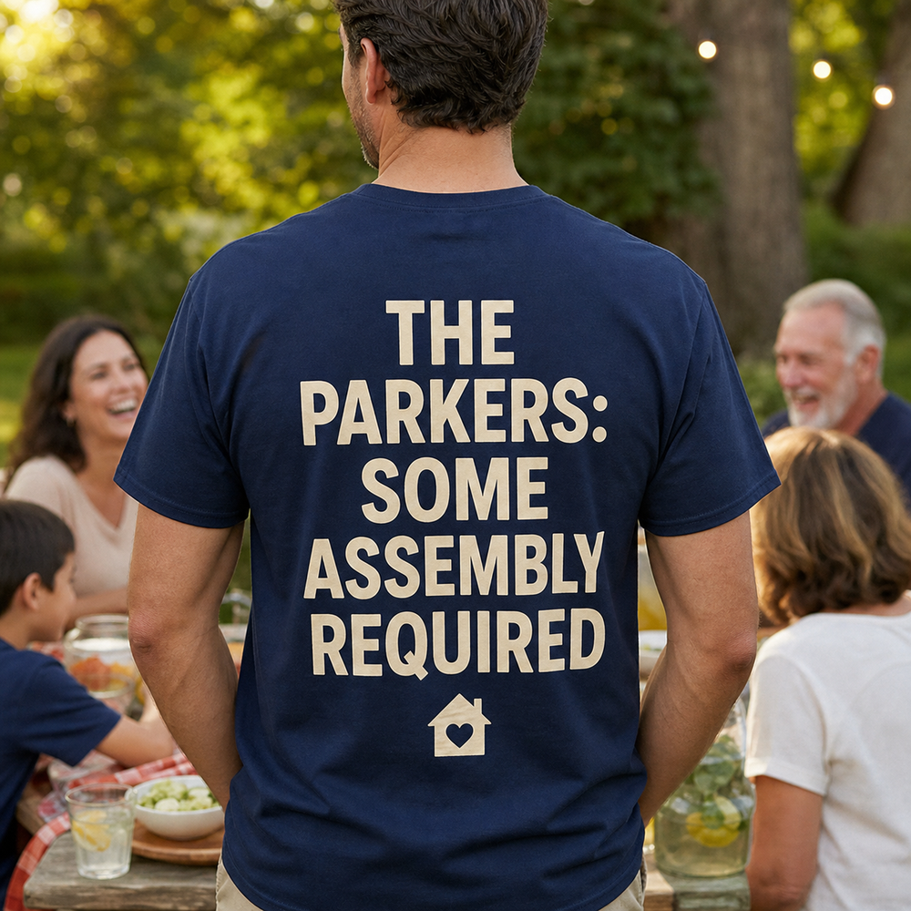 Custom family photo T-shirt worn from the back with a personalized family phrase print