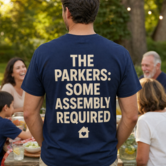 Custom family photo T-shirt worn from the back with a personalized family phrase print