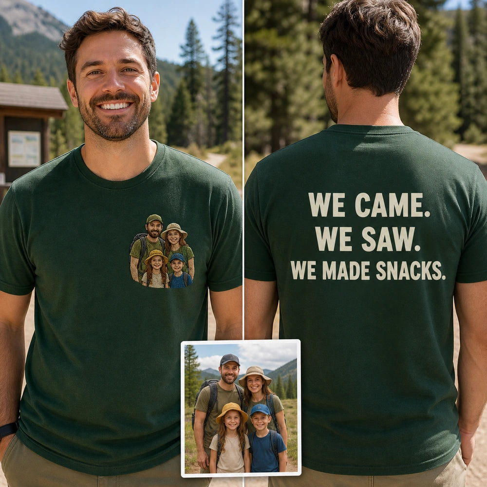 Custom Family Photo Embroidered T-Shirt cover showing front embroidery and back printed phrase