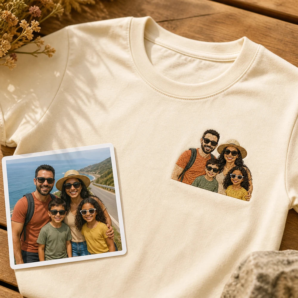Source family road trip photo and matching custom family embroidery on T-shirt