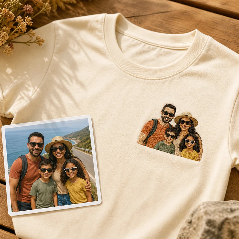 Source family road trip photo and matching custom family embroidery on T-shirt