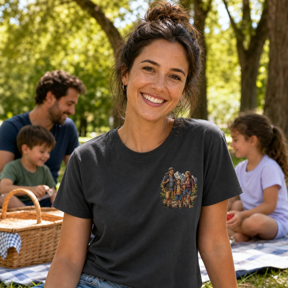 Front worn view of custom family portrait embroidered T-shirt